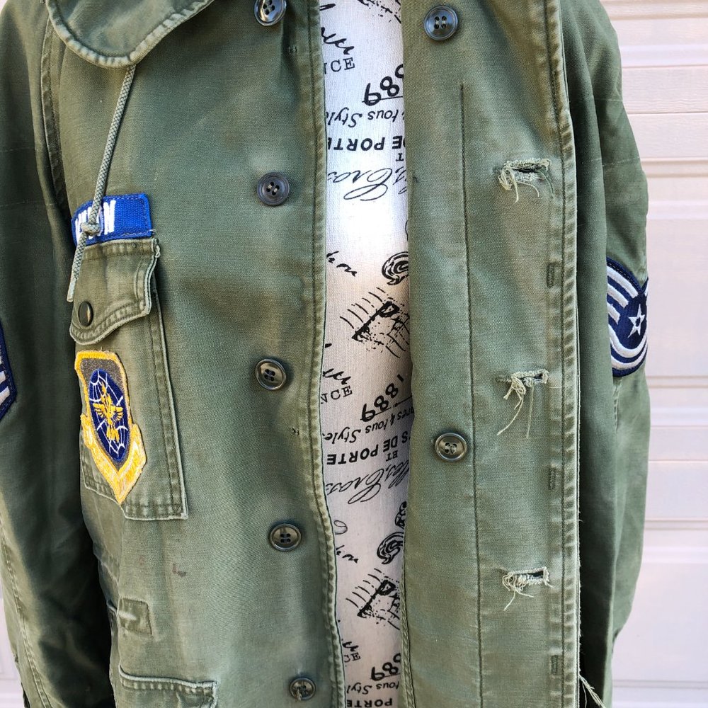 Vintage Men's US Air Force Military Jacket Hood Patches Med Reg Cotton OG 107 - Picture 11 of 12